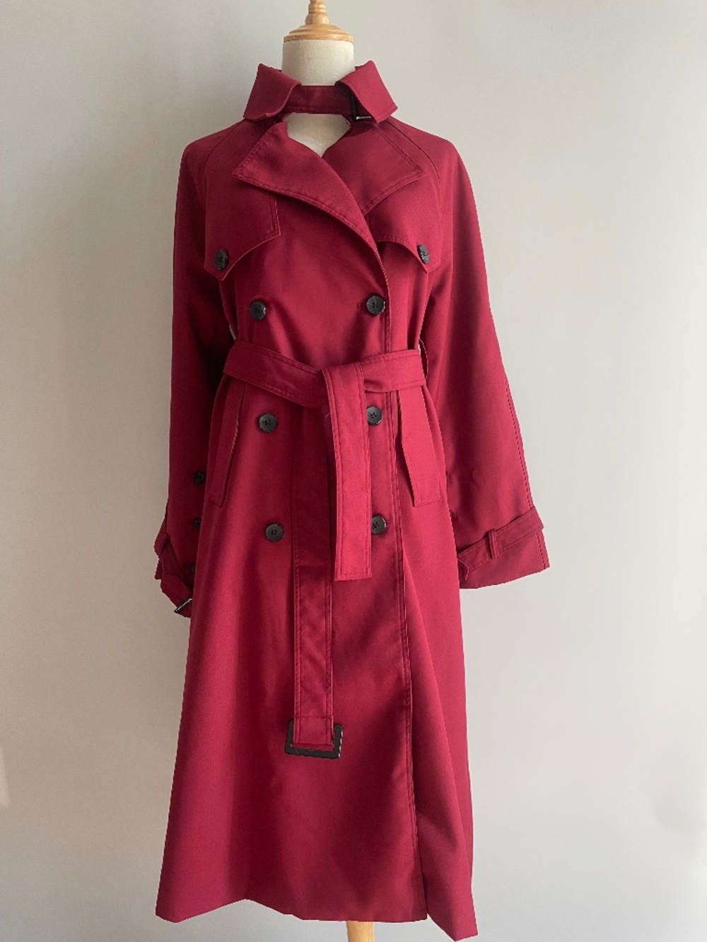 Burgundy Long Cotton Trench Coat Belted Wine XS/S